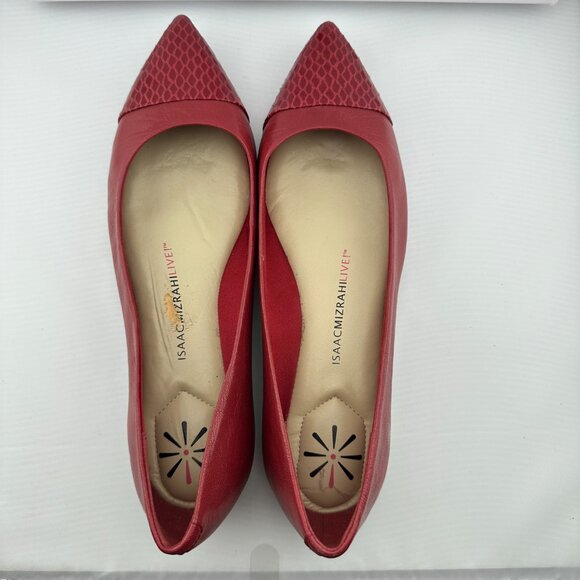 ISAAC MIZRAHI LIVE IM Gayle Dark Red Leather Flats Size 7M Pointed Toe Gold Heel - Picture 6 of 7